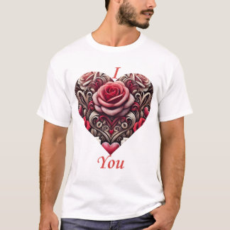 🌹 I Love You - エレガントバラハートデザイン Tシャツ