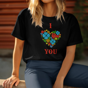 I LOVE YOU フラワーハート デザイン バレンタイン Tシャツ