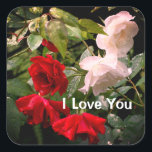 I Love You Drenched Roses Floral スクエアシール<br><div class="desc">Say I Love You with pretty red and white roses with lingering raindrops sticker - flower photography by Susan. You can change or add any text you like to personalize this item. Great gift idea for birthdays, anniversaries, Valentine's Day, or any occasion. This image is available on many products in...</div>