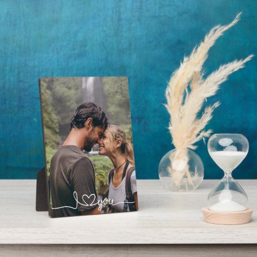 I Love You in White Script with Heart Custom フォトプラーク (側面)