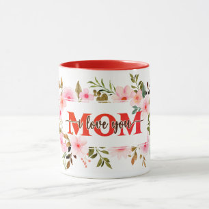 "I Love You MOM" ピンクの水彩バラ マグカップ