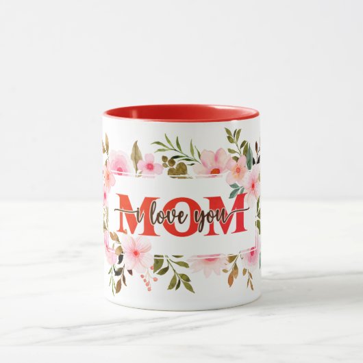 "I Love You MOM" ピンクの水彩バラ マグカップ (中央)