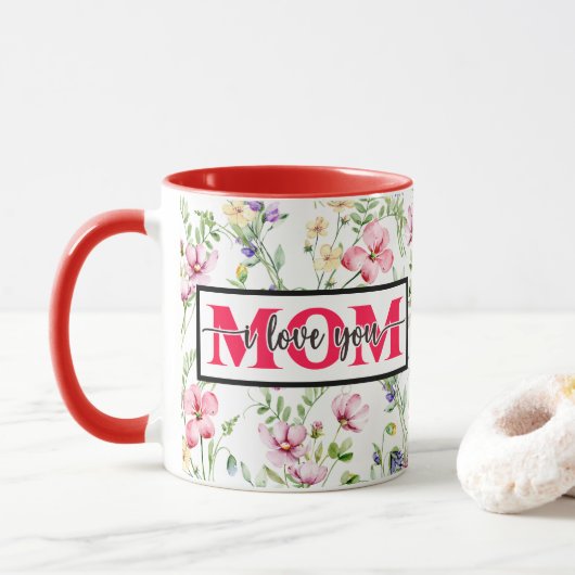 "I Love You MOM" ピンクの水彩花 マグカップ (ドーナツ)