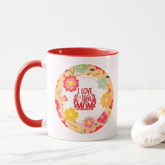 "I Love You Mom" フラワー 水彩の野花 マグカップ (ドーナツ)