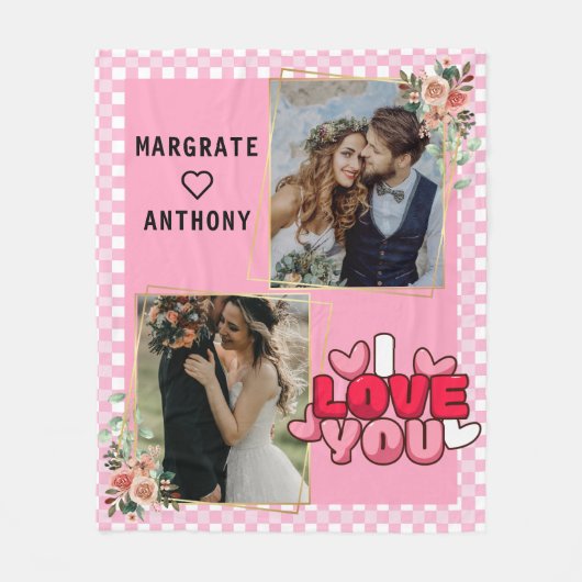 I love You Script Photo Pink and White pesonalized フリースブランケット (正面)