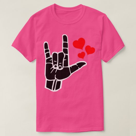 I LOVE YOU SIGN on赤いハートSign language black a Tシャツ (デザイン正面)