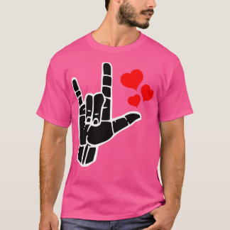 I LOVE YOU SIGN on赤いハートSign language black a Tシャツ