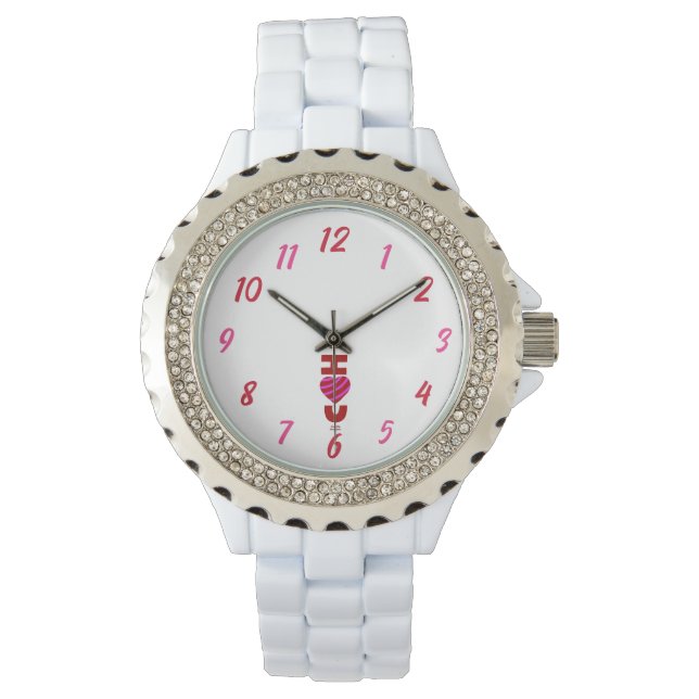 I Love You Women's Rhinestone White Enamel Watch 腕時計 (正面)
