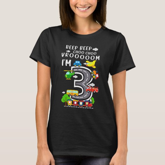 I M 3誕生日少年3日目の電車の車の飛行機Veh Tシャツ (正面)