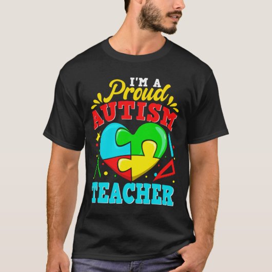 I M A自閉症誇りを持った先生パズルハート自閉症 Tシャツ (正面)