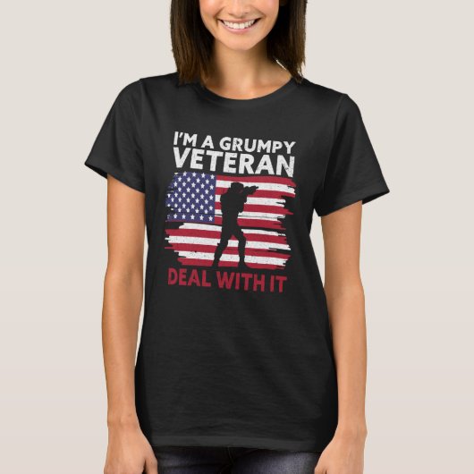 I m a grumpy veteran Deal with it USA Flag America Tシャツ (正面)