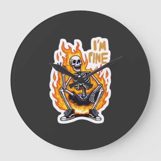 I’m Fine Skeleton on Fire Funny Sticker Illustrati ラージ壁時計 (正面)