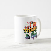 “I’m Happy & Gay” マグカップ - ユーモアあふれるプライドカップ (正面右)