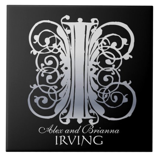 I Monogram "Silver Lace on Black"名前牌 タイル (正面)