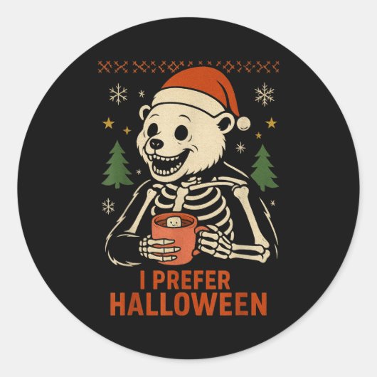 I Prefer Halloween Tree Bear Skeleton Christmas Wo ラウンドシール (正面)