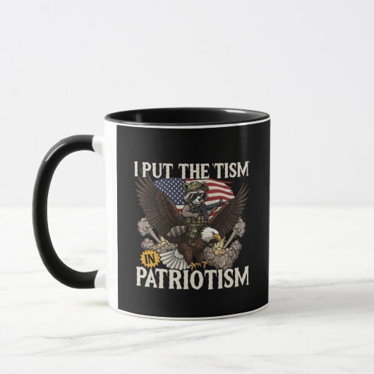 I Put The Tism in Patriotism Funny Raccoon Eagle マグカップ (左)