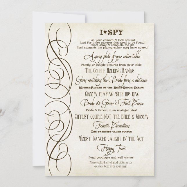 I Spyハートタイポグラフィ披露宴ゲームカード (正面)