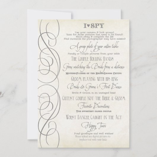 I Spyハートタイポグラフィ披露宴ゲームカード 招待状 (正面)