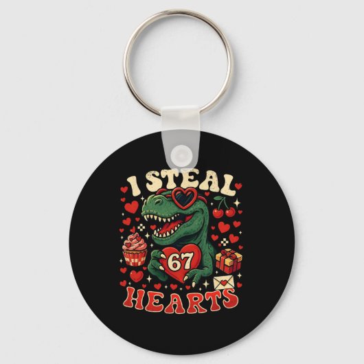 I Steal Hearts 67 Funny Valentine T-rex Dinosaur M キーホルダー (正面)