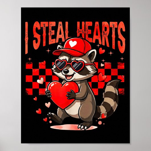 I Steal Hearts Design Raccoon Valentine Day Retro  ポスター (正面)