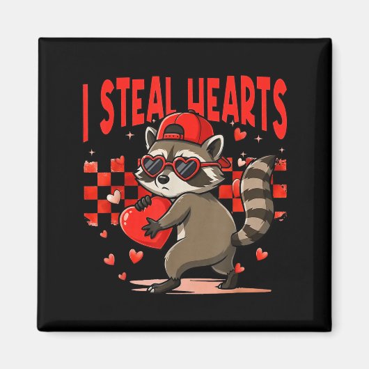 I Steal Hearts Design Raccoon Valentine Day Retro  マグネット (正面)