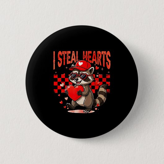 I Steal Hearts Design Raccoon Valentine Day Retro  缶バッジ (正面)