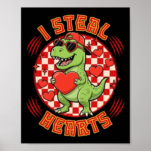 I Steal Hearts Retro Checkered Valentine Dinosaur  ポスター (正面)
