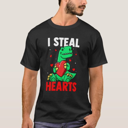 I Steal Hearts Valentine's Day Dino Roses Date Nig Tシャツ (正面)