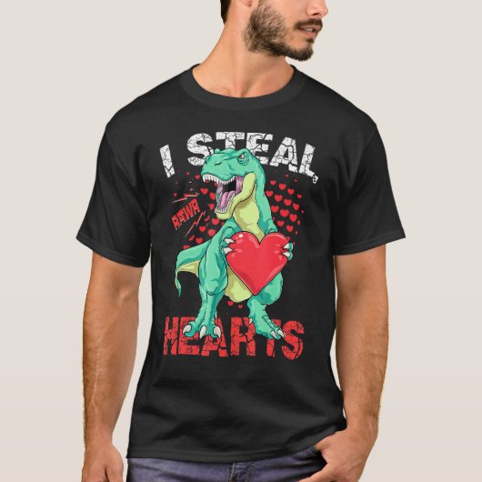 I Steal Hearts Valentines Day Dinosaur Boys Men Lo Tシャツ (正面)