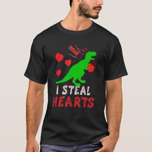 I Steal Hearts Valentines Day Dinosaur Boys Men Lo Tシャツ (正面)
