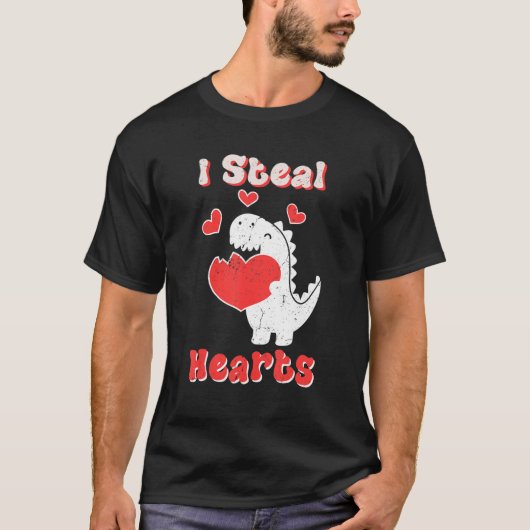 I Steal Hearts Valentines Day Dinosaur Boys Mens L Tシャツ (正面)
