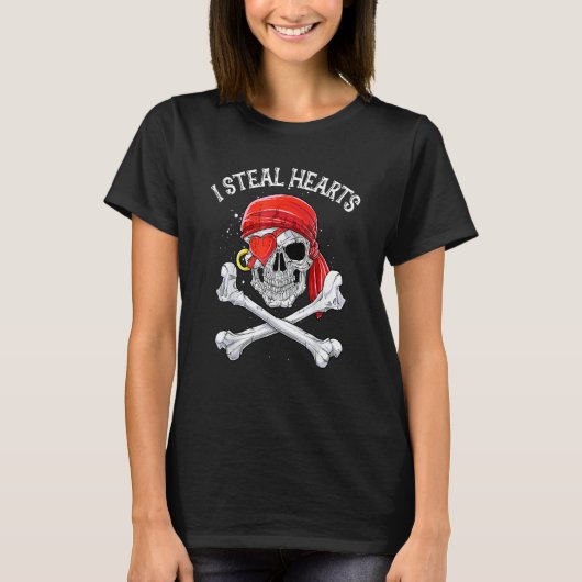 I Steal Hearts Valentines Day Pirate Boys Skull Tシャツ (正面)