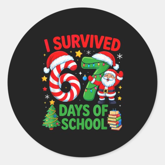 I Survived 67 Days Of School Christmas Candy Cane  ラウンドシール (正面)