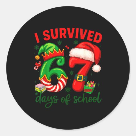 I Survived 67 Days Of School Christmas Candy Cane  ラウンドシール (正面)