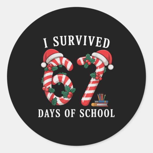 I Survived 67 Days Of School Christmas Candy Cane  ラウンドシール (正面)