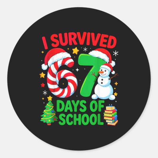 I Survived 67 Days Of School Christmas Candy Cane  ラウンドシール (正面)