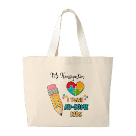 I teach Au-some kids Teacher Autism Tote bag ラージトートバッグ