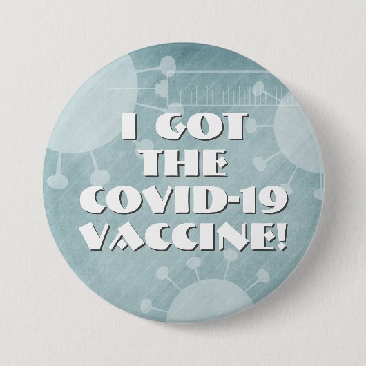 I the 得 Covid-19 Vaccineティール（緑がかった色）ストライプの グランジ 缶バッジ (正面)