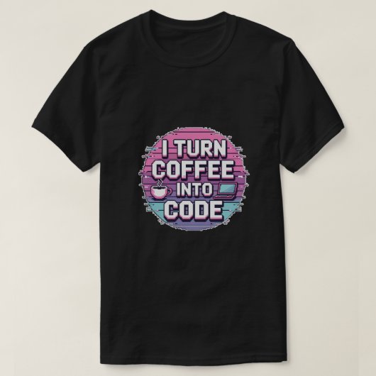 I Turn Coffee Into Code -レトロピクセルアートプログラム Tシャツ (デザイン正面)
