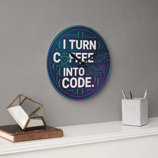 I Turn Coffee Into Code – Funny Progra ラージ壁時計 (オフィス)