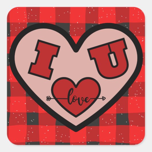 I ♥ U I Love You Buffalo Plaid Sticker スクエアシール (正面)