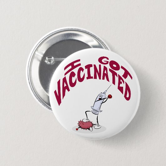 「I VACCINATED」得マンガ間抜けの注射器とウイルス 缶バッジ (正面&裏面)