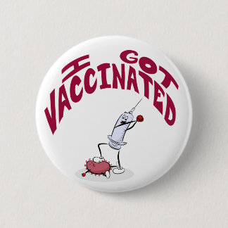 「I VACCINATED」得マンガ間抜けの注射器とウイルス 缶バッジ