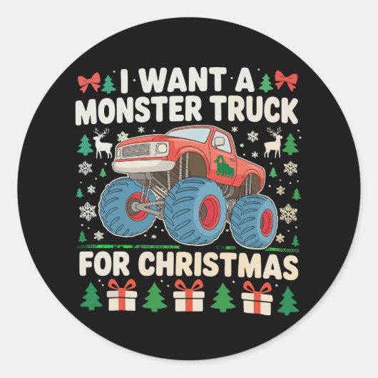 I Want a Monster Truck for Christmas Ugly Sweater ラウンドシール (正面)