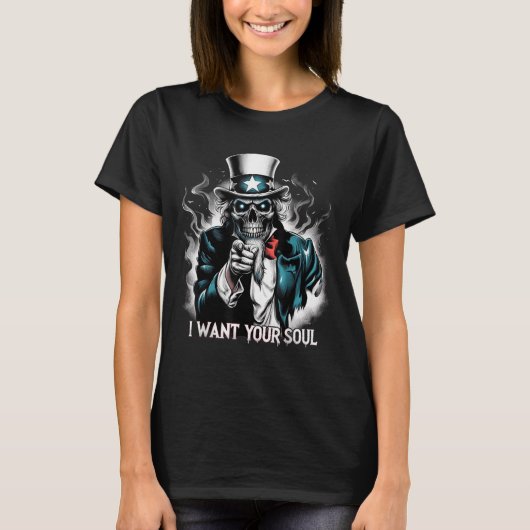 I Want Your Soul – Skeleton Sam Creepy Halloween H Tシャツ (正面)