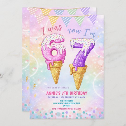 I Was 6 Now 7 Birthday Ice Cream Cone 招待状 (正面/裏面)