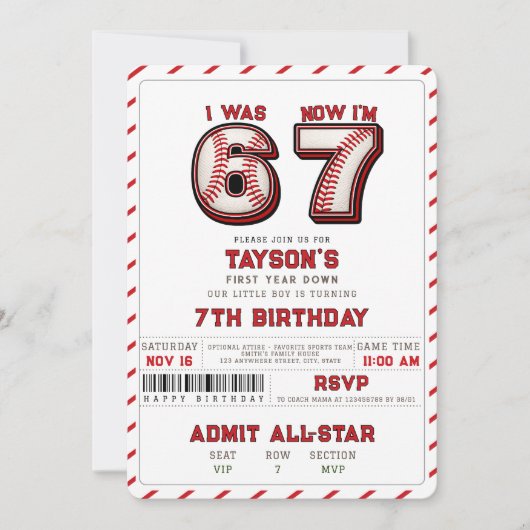 I Was 6, Now I’m 7 – Baseball 7th Birthday 招待状 (正面)
