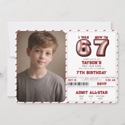 I Was 6, Now I’m 7 – Baseball 7th Birthday 招待状 (正面)