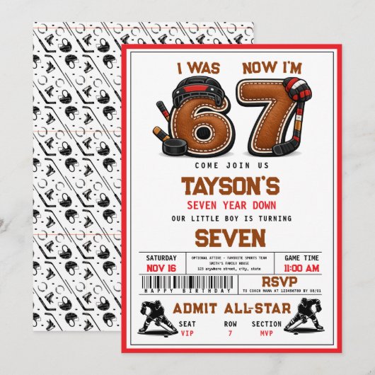 I Was 6, Now I’m 7 – Hockey 7th Birthday Party 招待状 (正面/裏面)