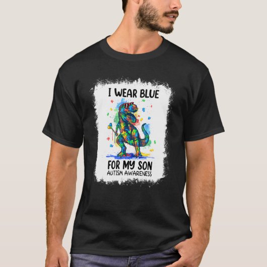 I Wear Blue For My Son Dinosaur Puzzle Autism Awar Tシャツ (正面)